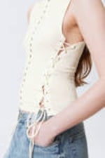 White - Sleeveless Lacing Boat-Neck Eyelet Top - 2