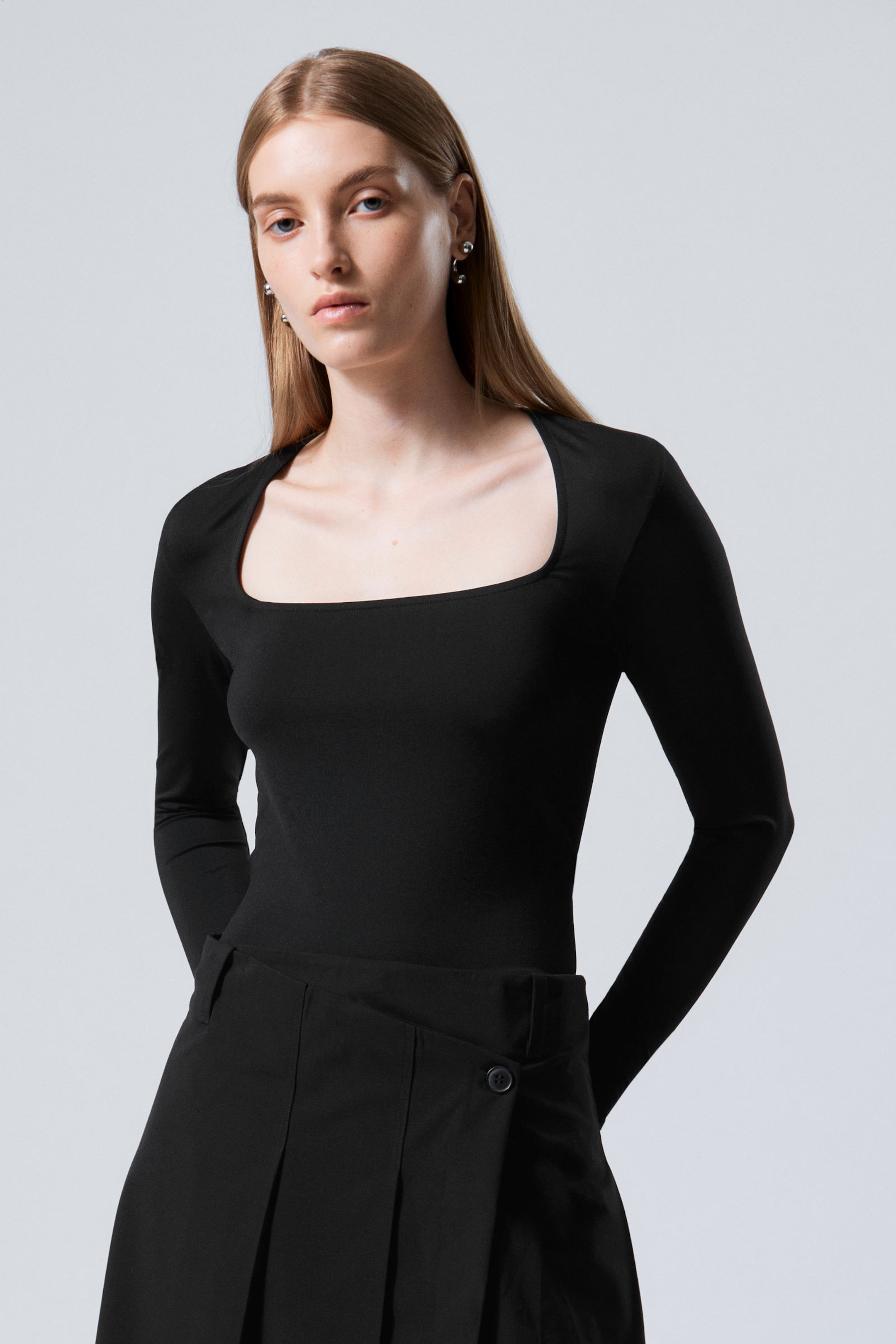 Black - Square Neck Longsleeve Top - 0