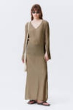 Beige - Sheer Long-Sleeved V-neck Maxi Dress - 0