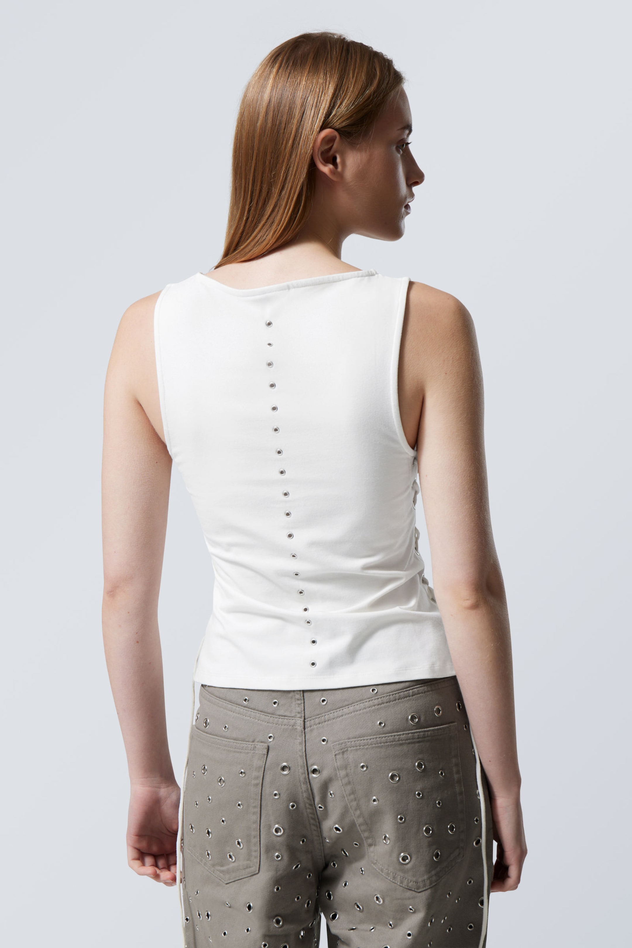 White - Sleeveless Lacing Boat-Neck Eyelet Top - 2