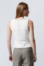 White - Sleeveless Lacing Boat-Neck Eyelet Top - 2