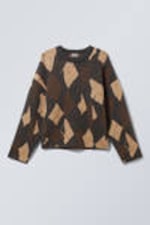 Dark Grey - Brown Argyle - Knitted Twisted Argyle Sweater - 2