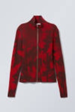 Red Jacquard - Jacquard Knitted Zip Cardigan - 2