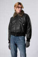 Black - Loose Fit Faux Leather Bomber Jacket - 1