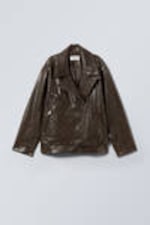 Dark Brown - Oversized Faux Leather Biker Jacket - 3