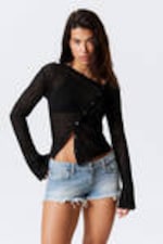 Black - Asymmetric Linen Blend Cardigan - 0