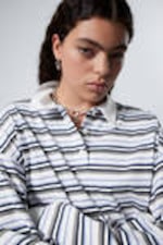 Blue & Beige Stripe - Striped Oversized Polo Shirt - 1