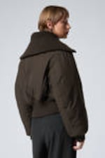 Dark Brown - Cropped Rib Funnel Neck Bomber Jacket - 3