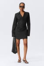 Black - Long-Sleeved Asymmetric Mini Shirt Dress - 0