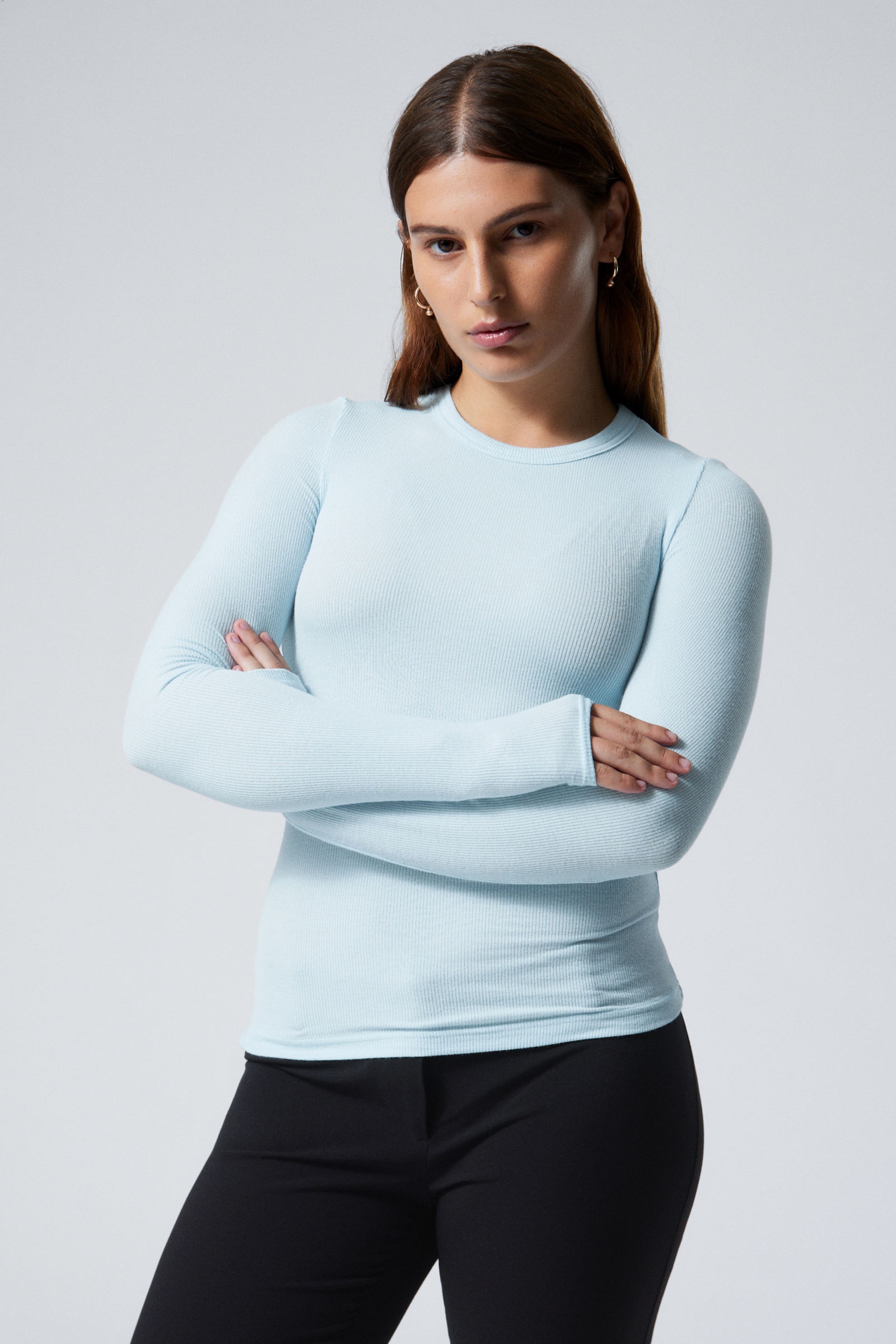 Light Blue - Sheer Ribbed Long Sleeve Top - 0