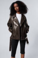 Dark Brown - Oversized Faux Leather Biker Jacket - 0