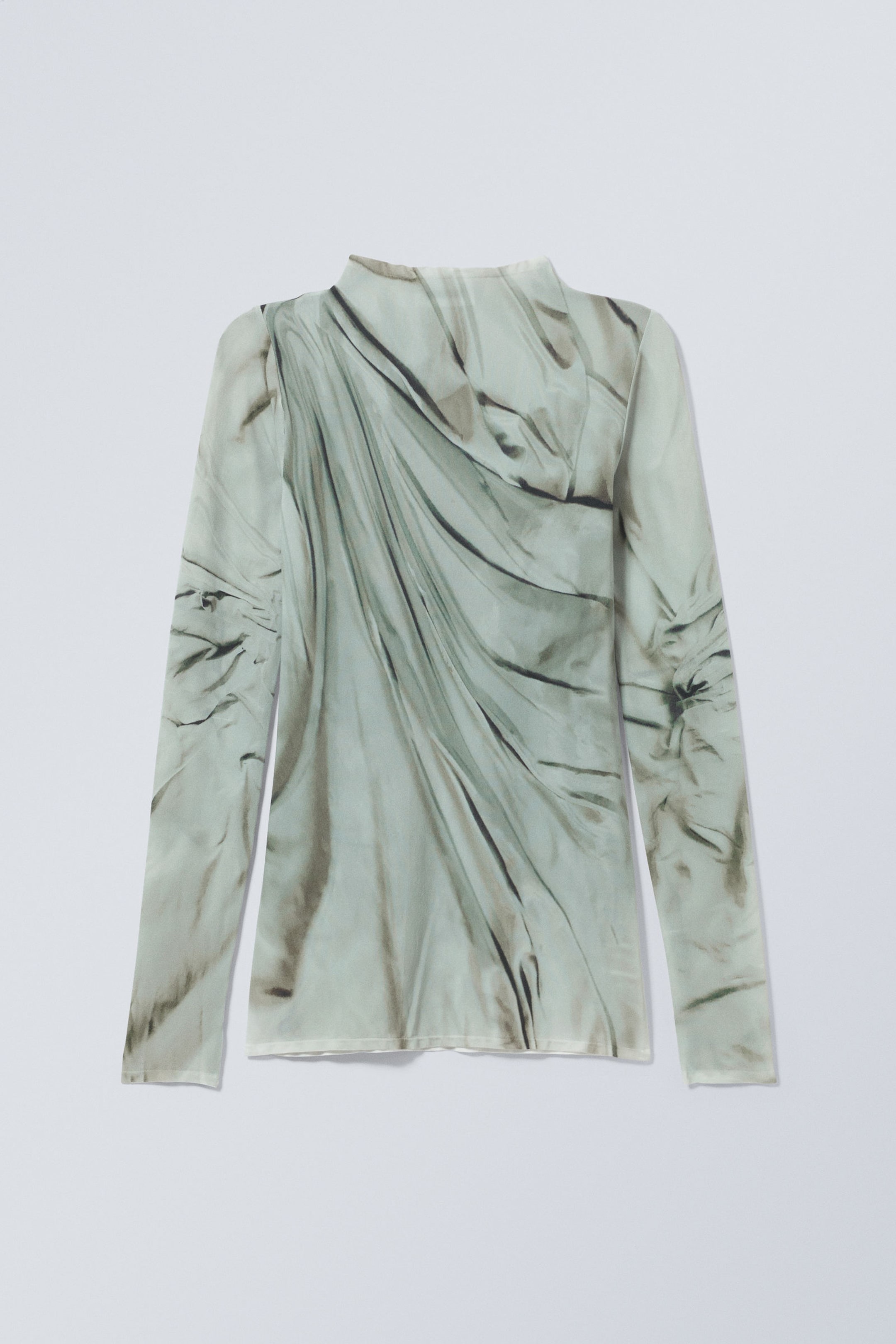 Green Trompe L'oeil Draping - Sheer Mockneck Long Sleeve Top - 0