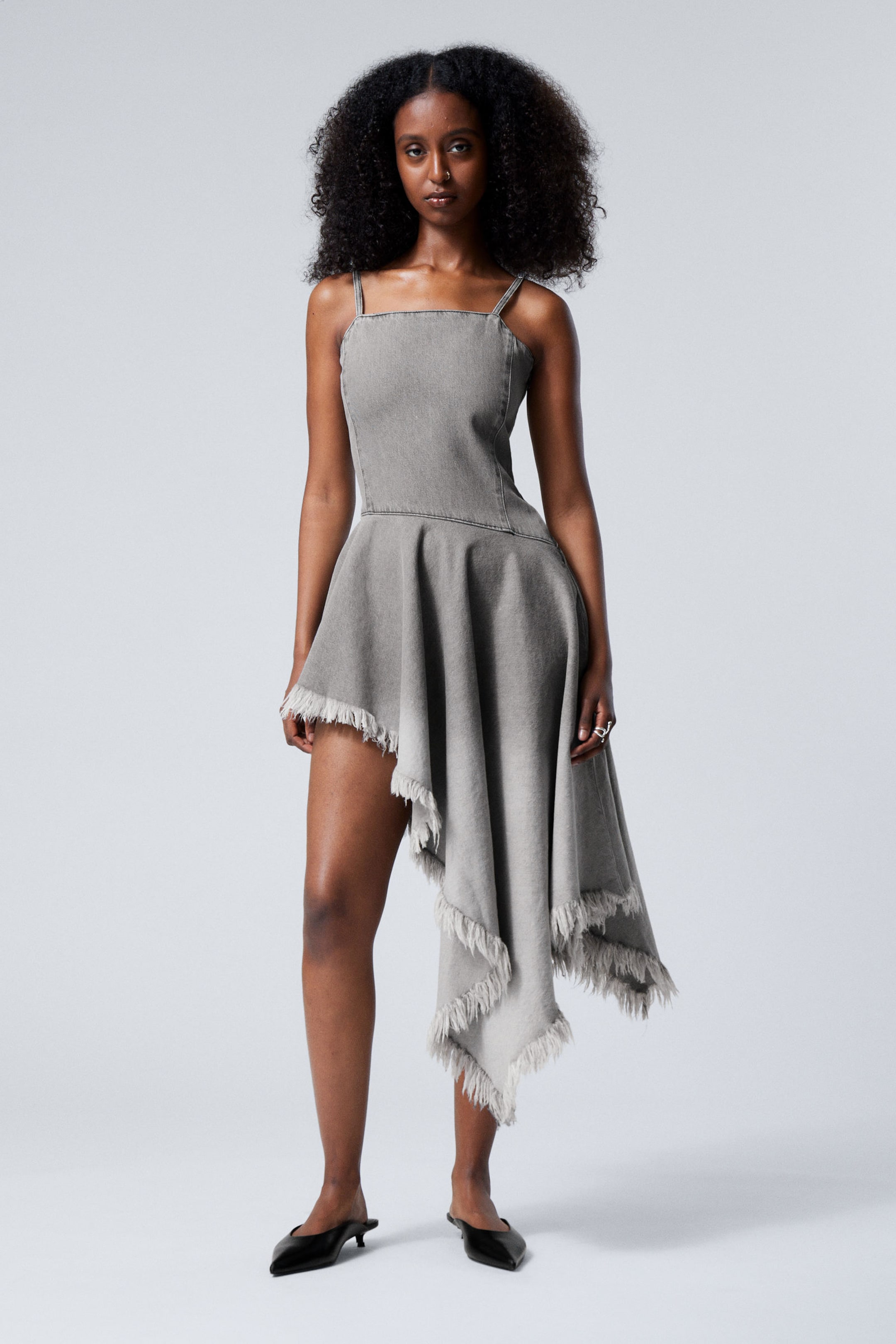 Misty Grey - Short Asymmetric Denim Dress - 0