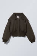 Dark Brown - Cropped Rib Funnel Neck Bomber Jacket - 2