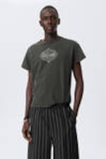 Dark Grey - Spacenet - Graphic Cap-Sleeved Boxy Cotton T-shirt - 0