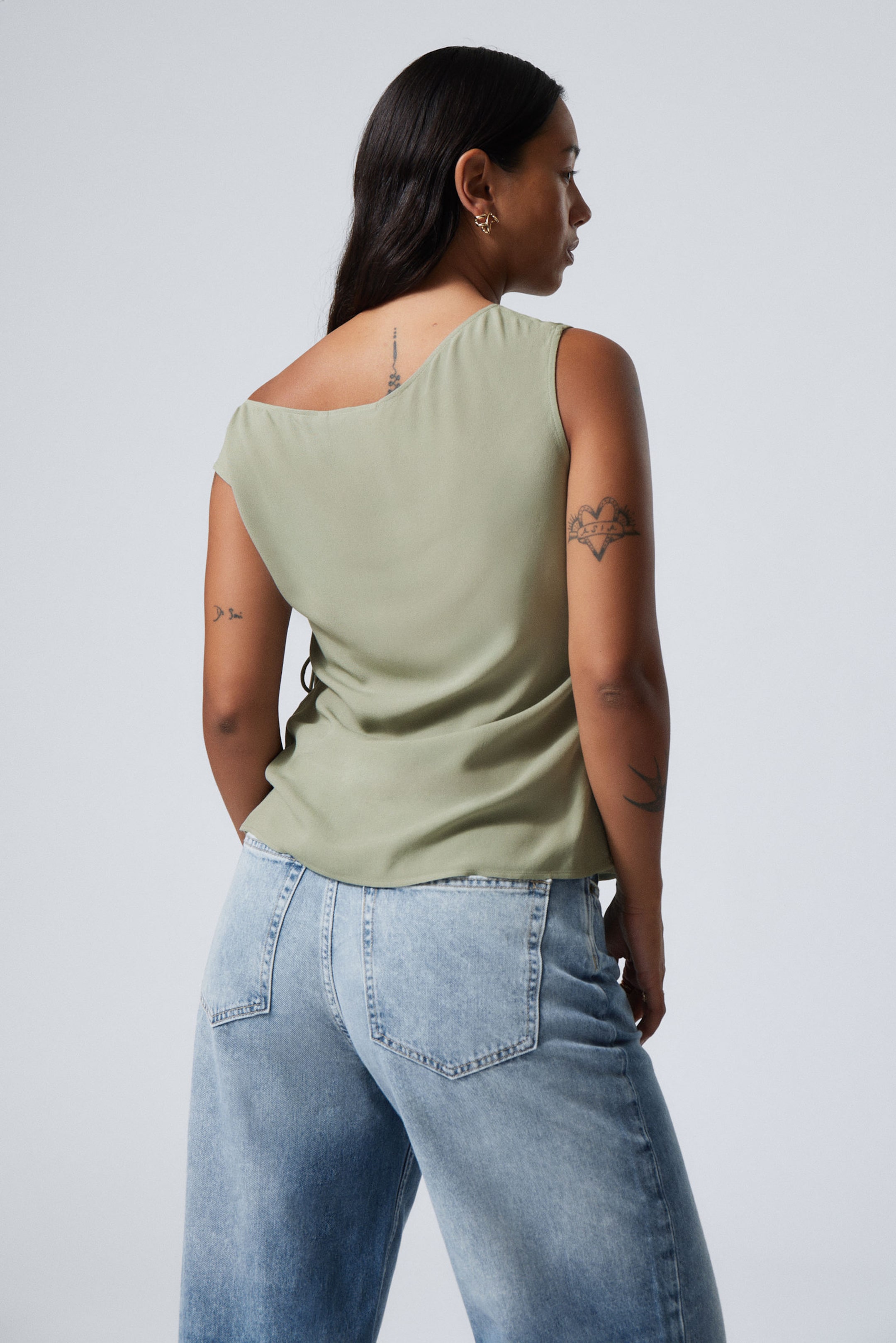 Light Dusty Khaki Green - Off-shoulder Strappy Drape Top - 2