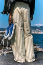 Striped Beige - Striped Loose Cotton Pyjama Trousers - 2