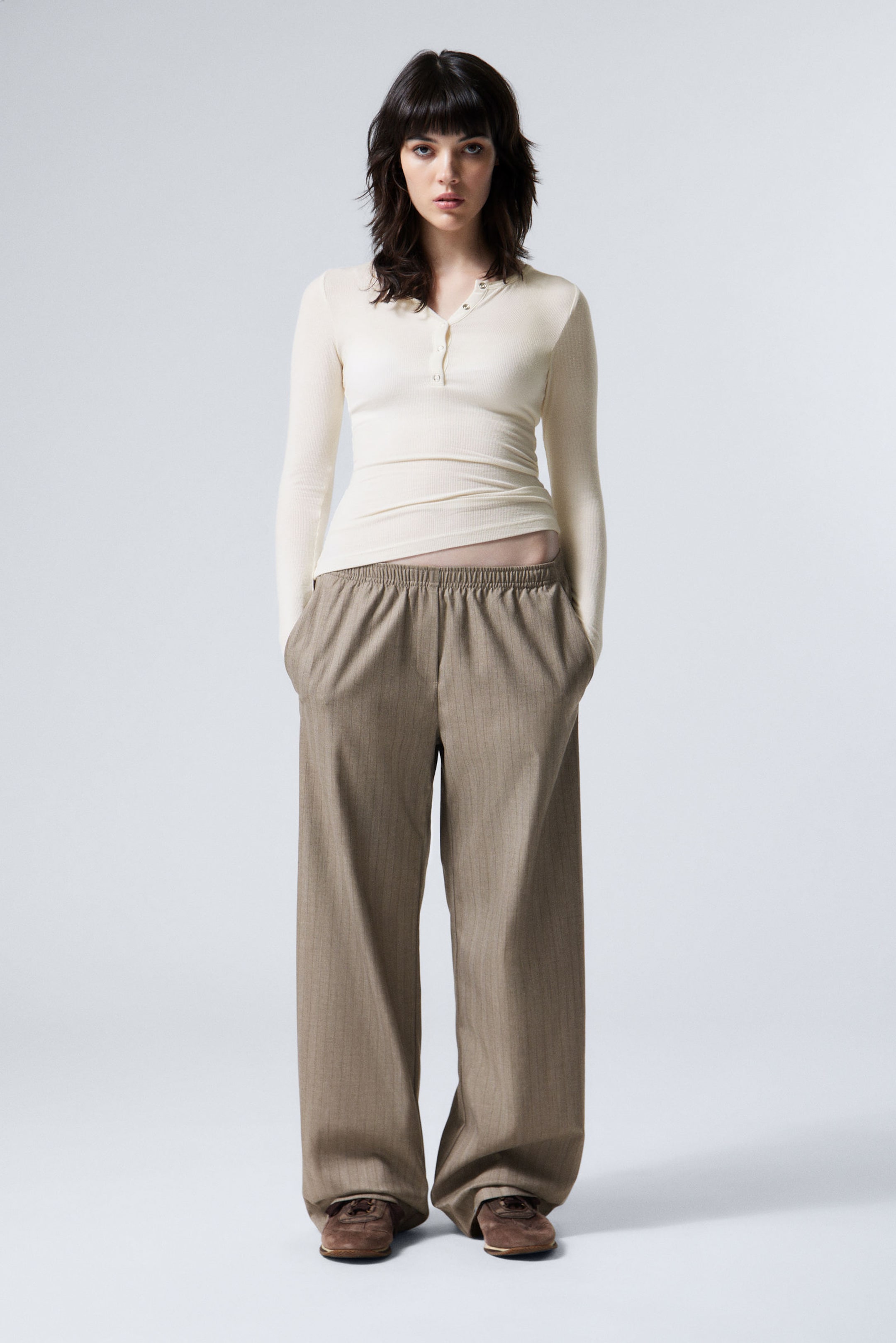 Beige Pinstripe - Wide Pull On Suiting Trousers - 0