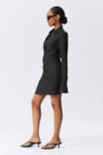 Black - Long-Sleeved Asymmetric Mini Shirt Dress - 2