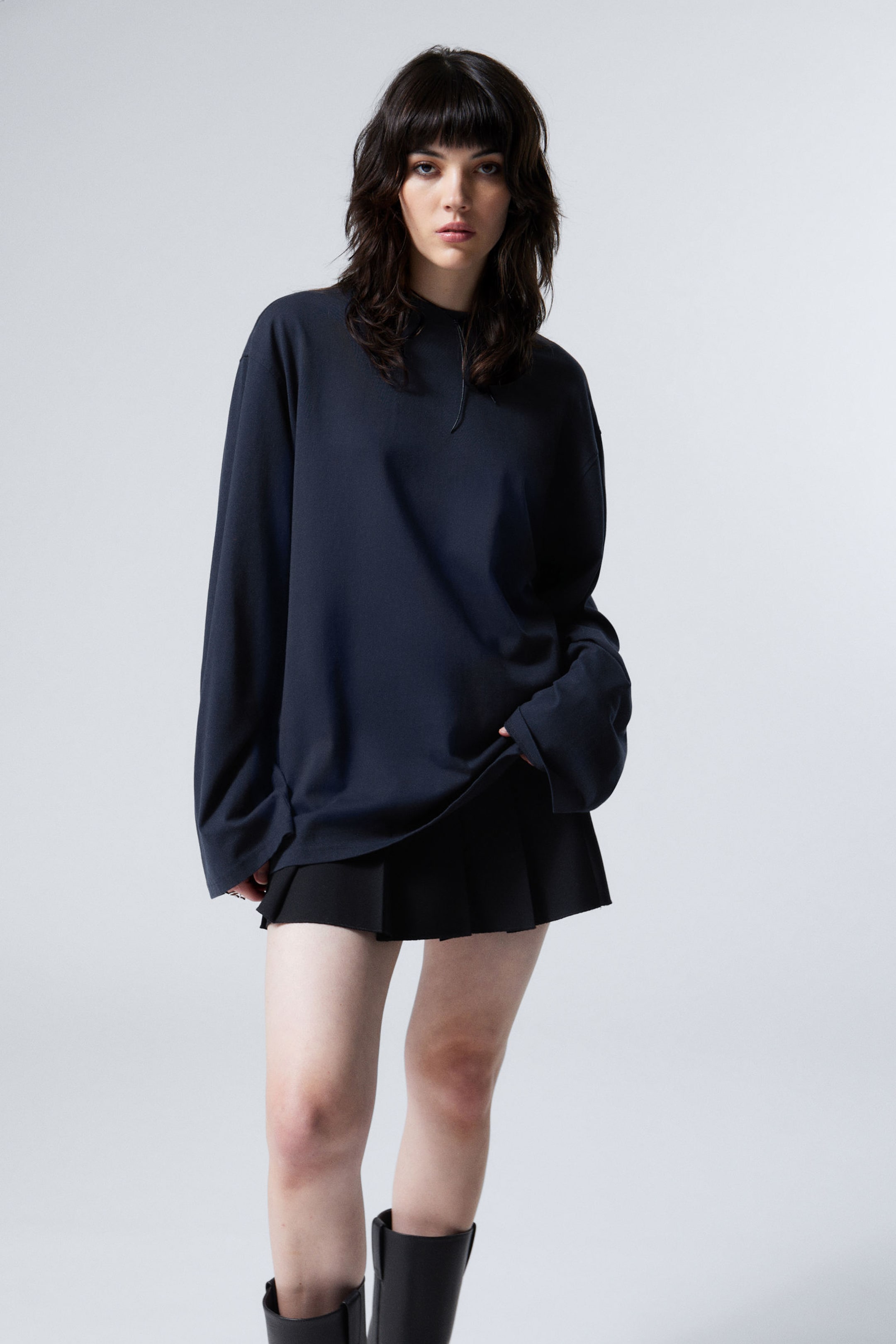 Navy Blue - Oversized Long Sleeve T-shirt - 0