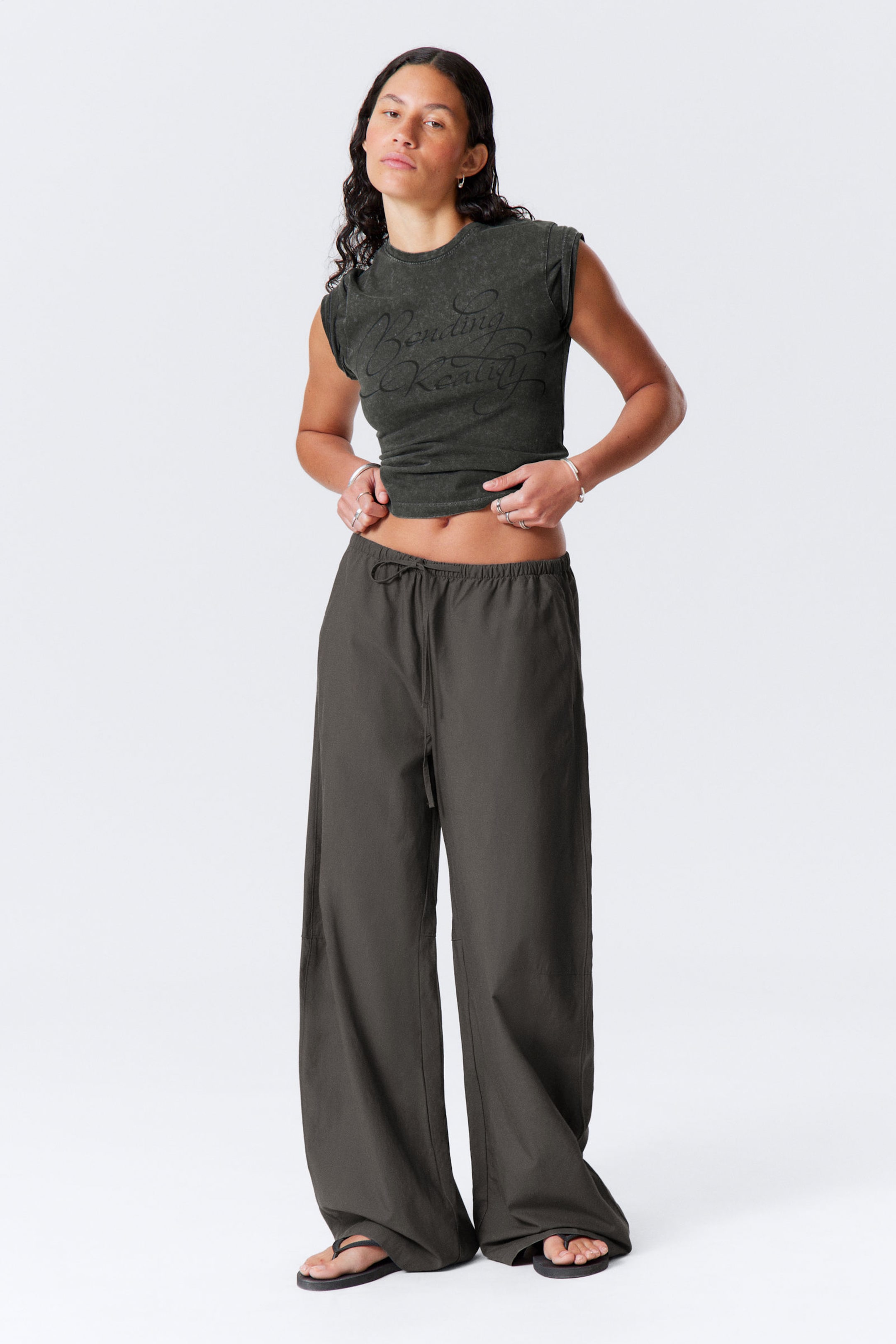 #383938 - Loose Fit Low Waist Washed Trousers - 1