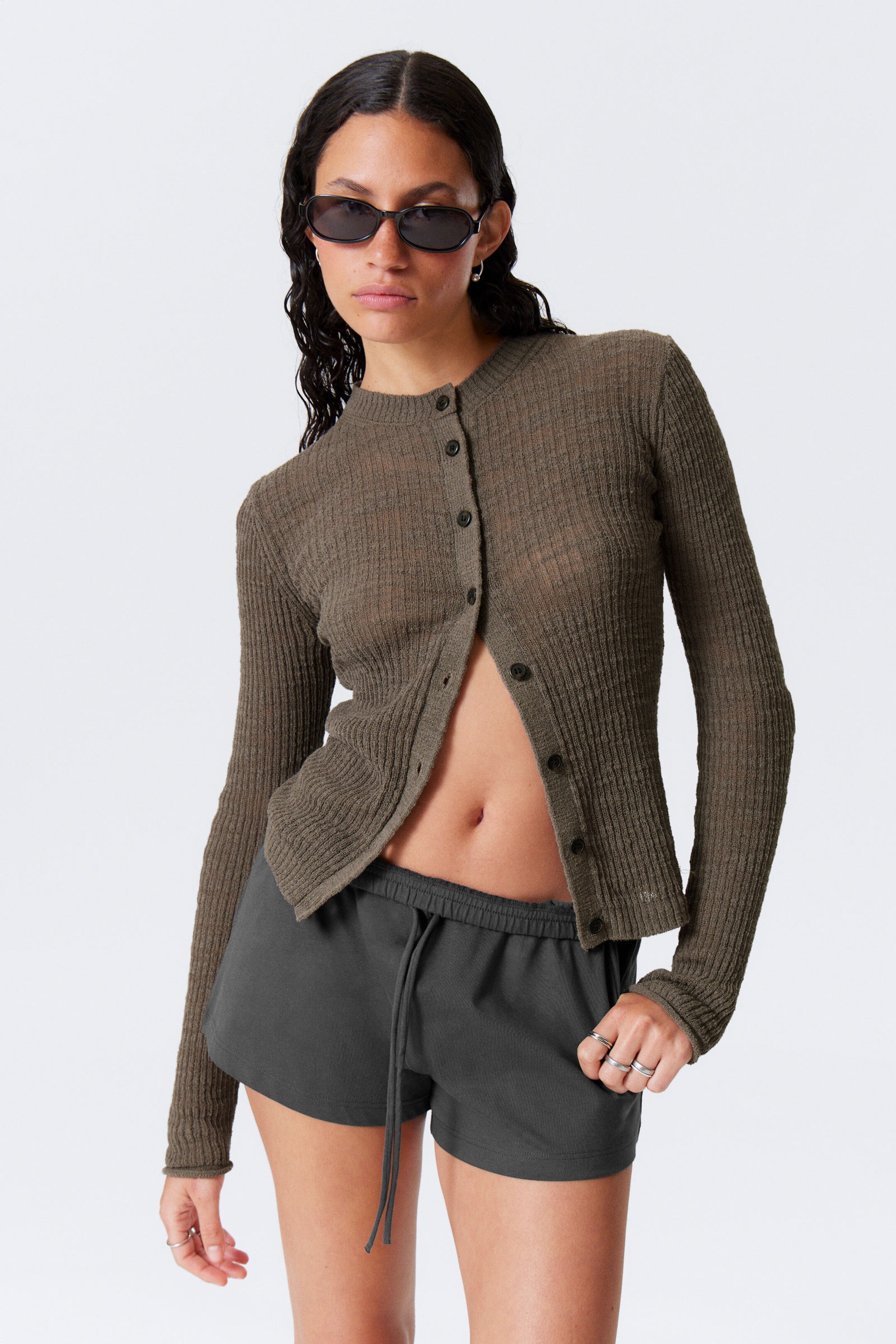 #6C655F - Ribbed Knitted Slim Fit Cardigan - 1
