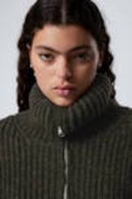 Dark Green - Rib-Knit Half-Zip Turtleneck Sweater - 1