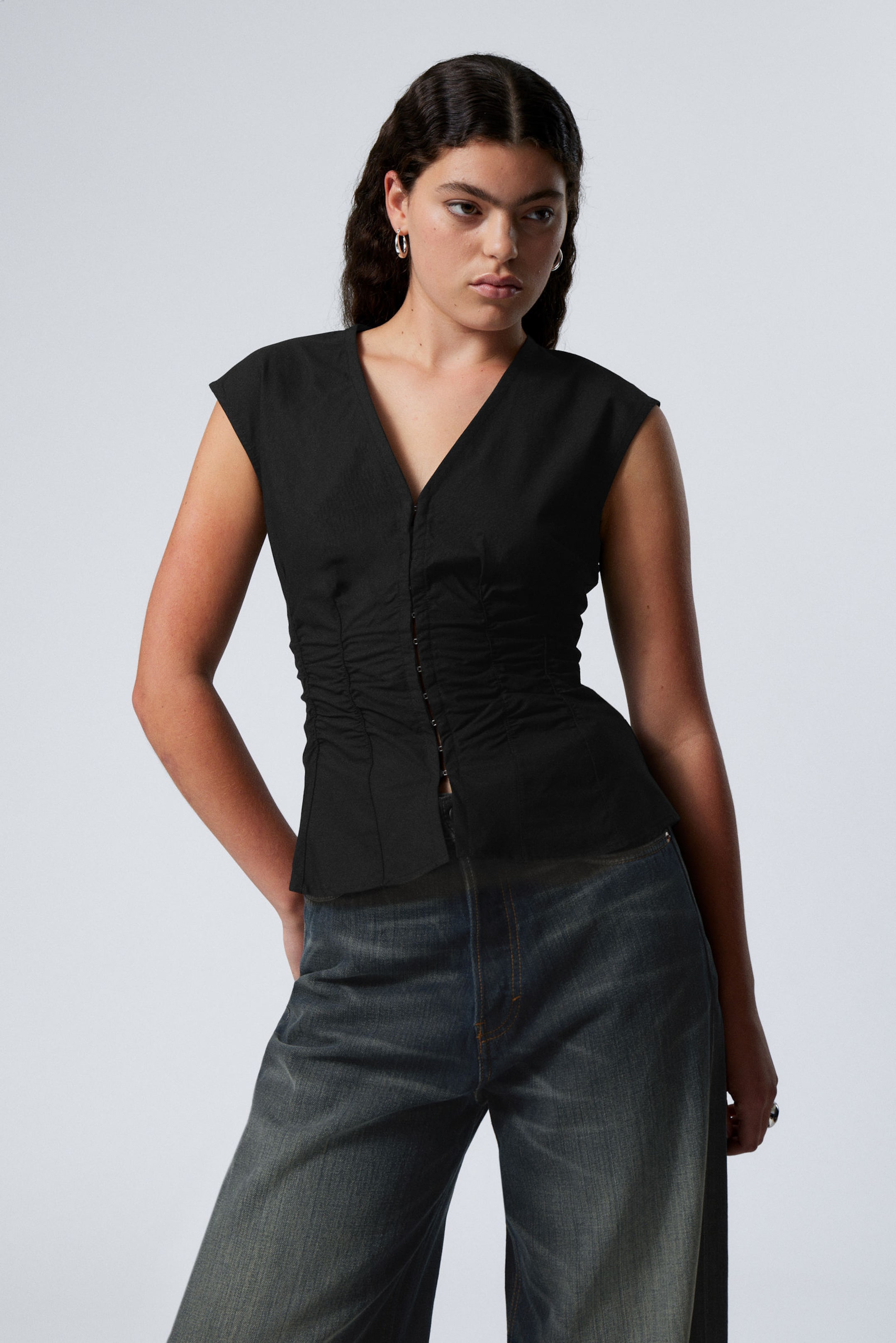 Black - Sleeveless Gathered Poplin Top - 0