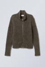 Dark Khaki - Carla Zip Hairy Cardigan - 0