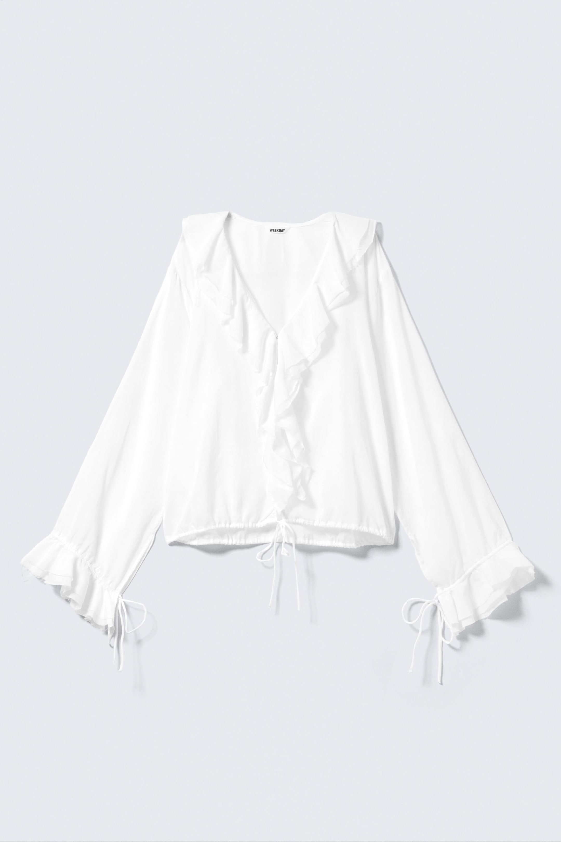 #FFFFFF - Frilled Long-Sleeved Wrap Blouse - 1