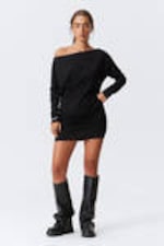 Schwarz - Drapiertes, asymmetrisches Langarm-Minikleid - 0