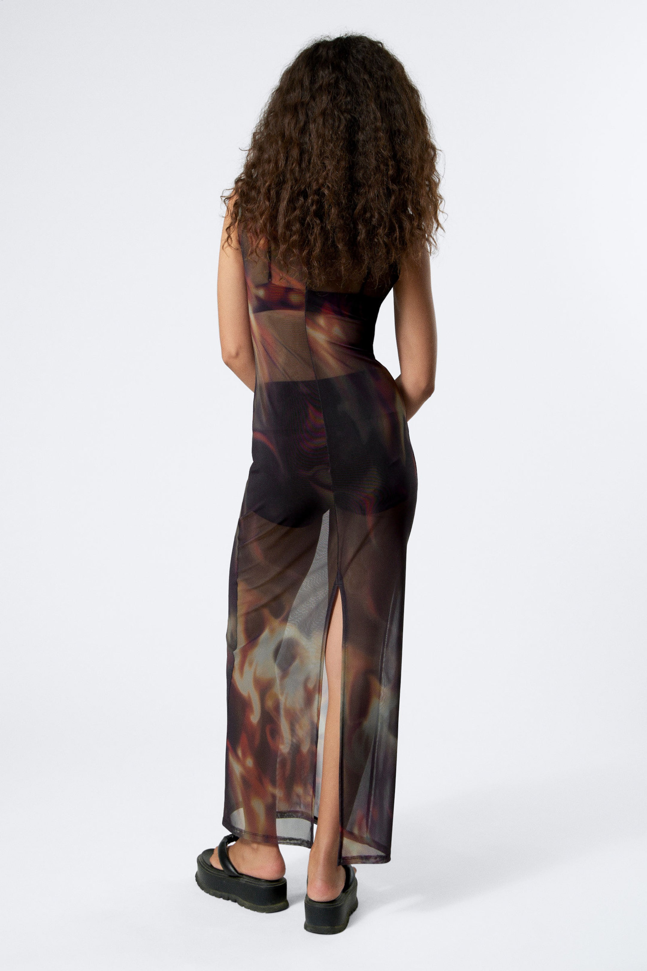 Black - Eclectic Flame - Printed Mesh Maxi Dress - 3