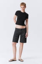 Checked Dark Grey - Checked Knee-Length Cotton Twill Shorts - 0