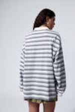 Blue & Beige Stripe - Striped Oversized Polo Shirt - 4