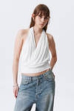 White - Draped Halter Jersey Top - 0