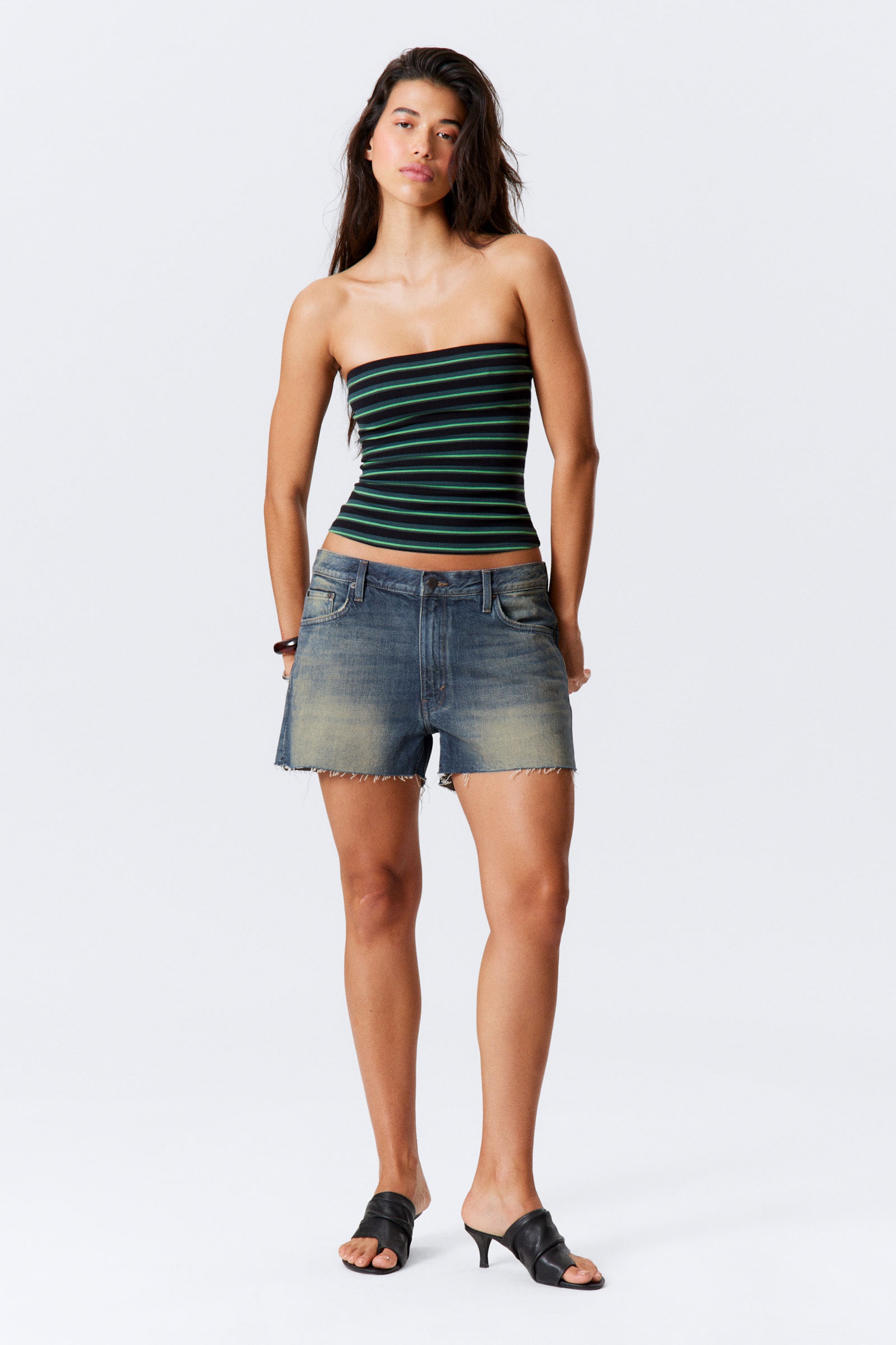 #4C5164 - Duchess Low Rise Distressed Mini Denim Shorts - 1