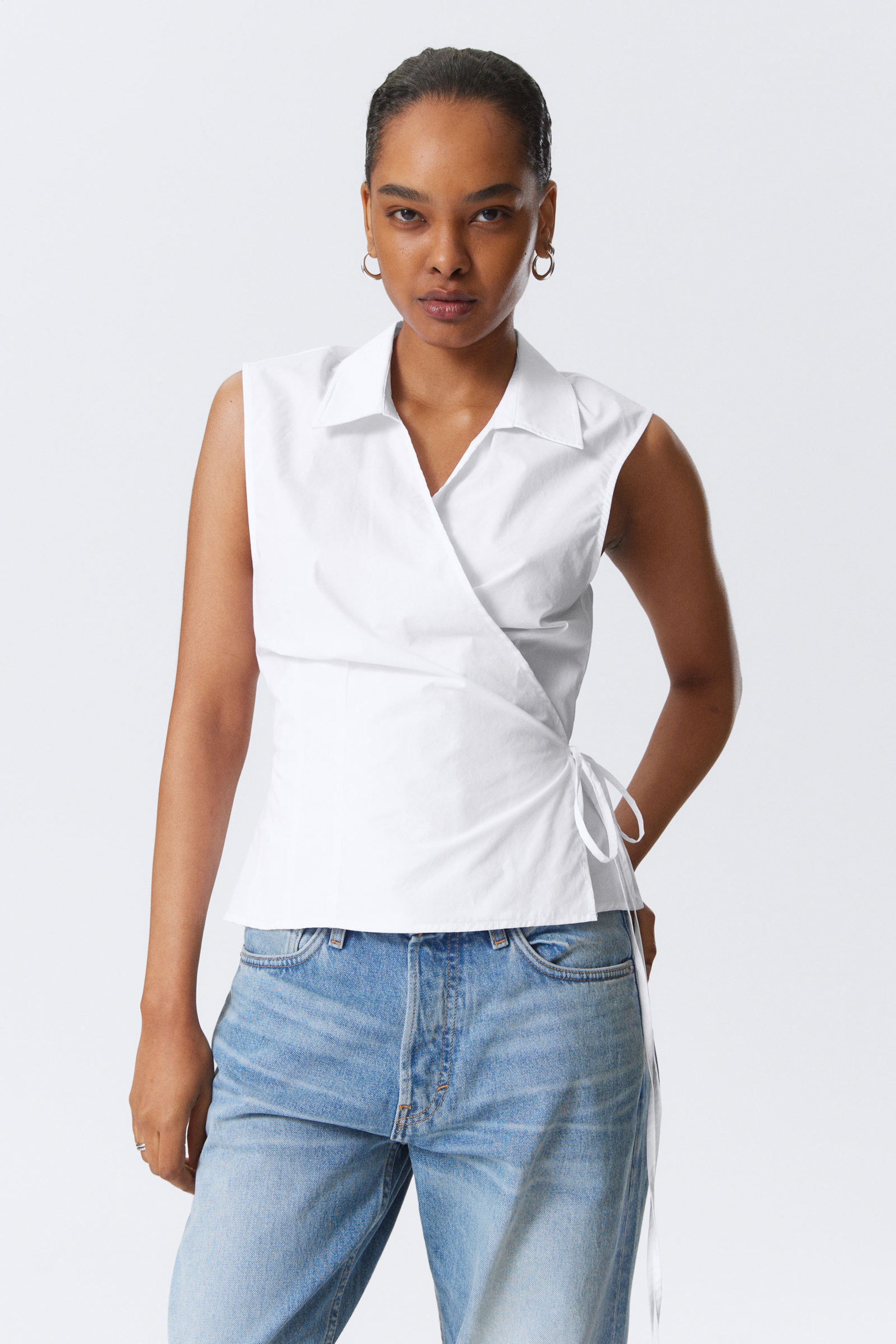 #FFFFFF - Sleeveless Cotton Wrap Top - 1
