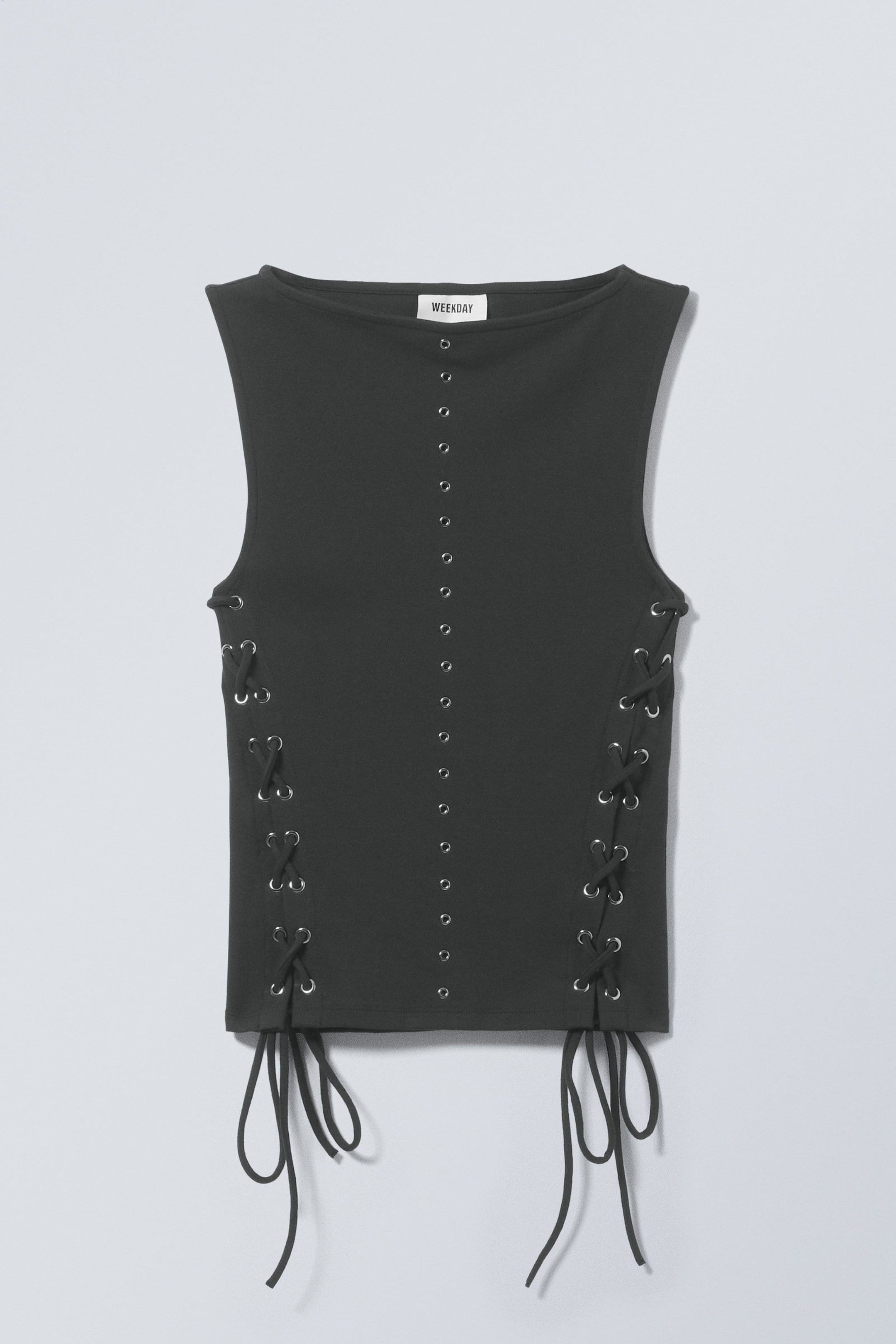 Black - Sleeveless Lacing Boat-Neck Eyelet Top - 2