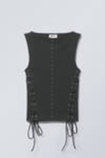 Black - Sleeveless Lacing Boat-Neck Eyelet Top - 2