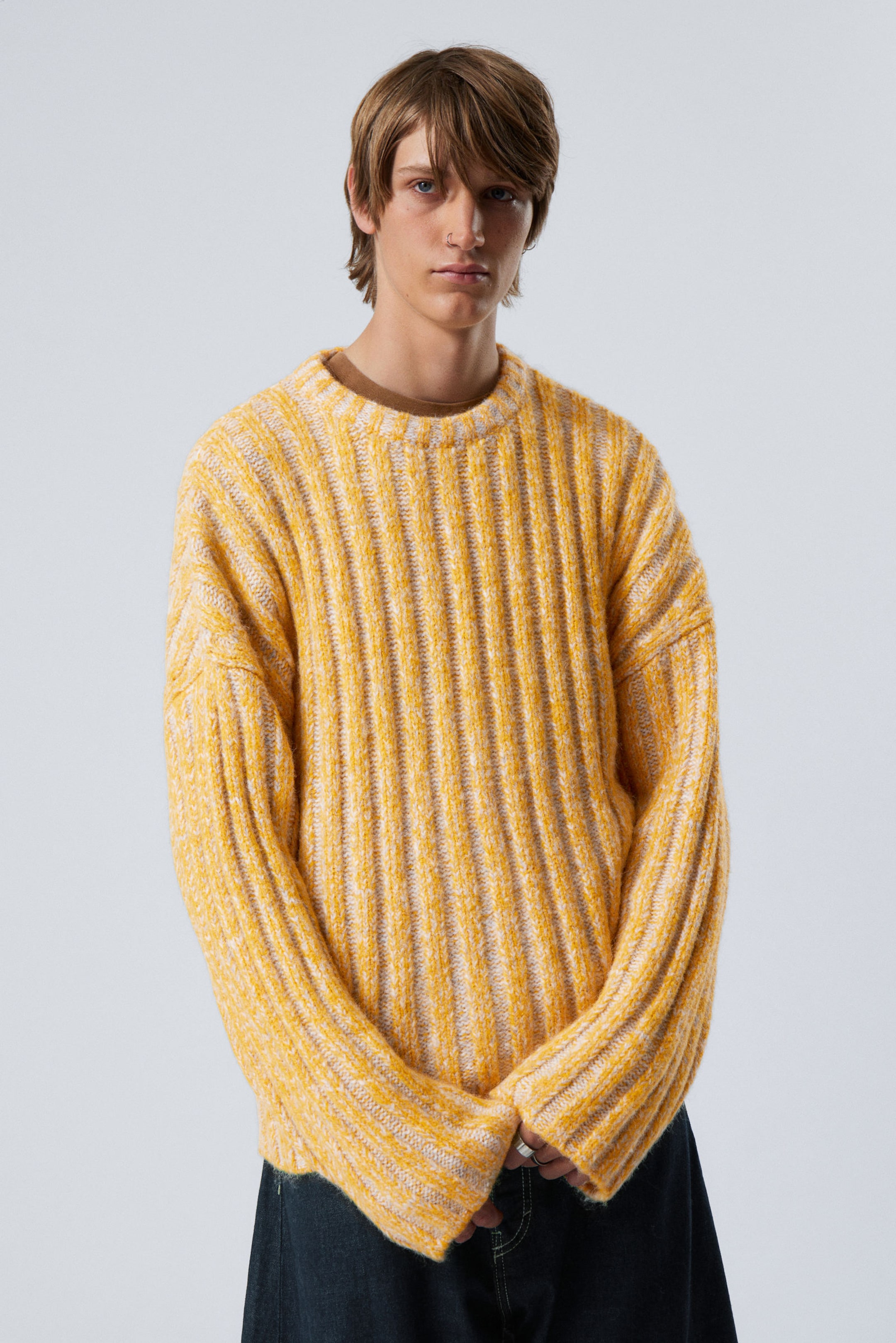 Yellow Melange - Cropped Rib-Knit Sweater - 1