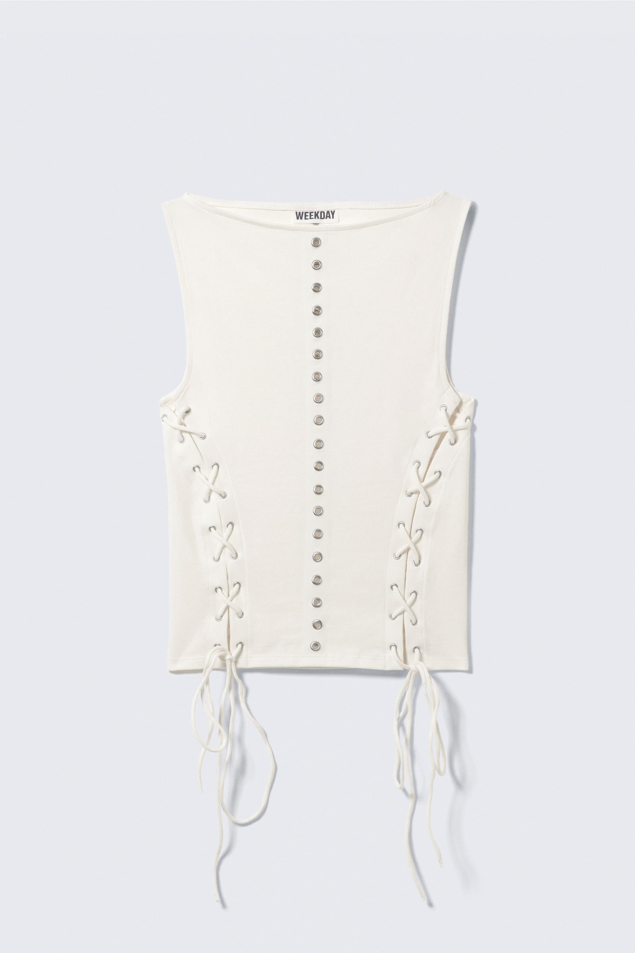 White - Sleeveless Lacing Boat-Neck Eyelet Top - 4