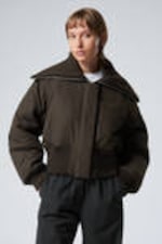 Dark Brown - Cropped Rib Funnel Neck Bomber Jacket - 0