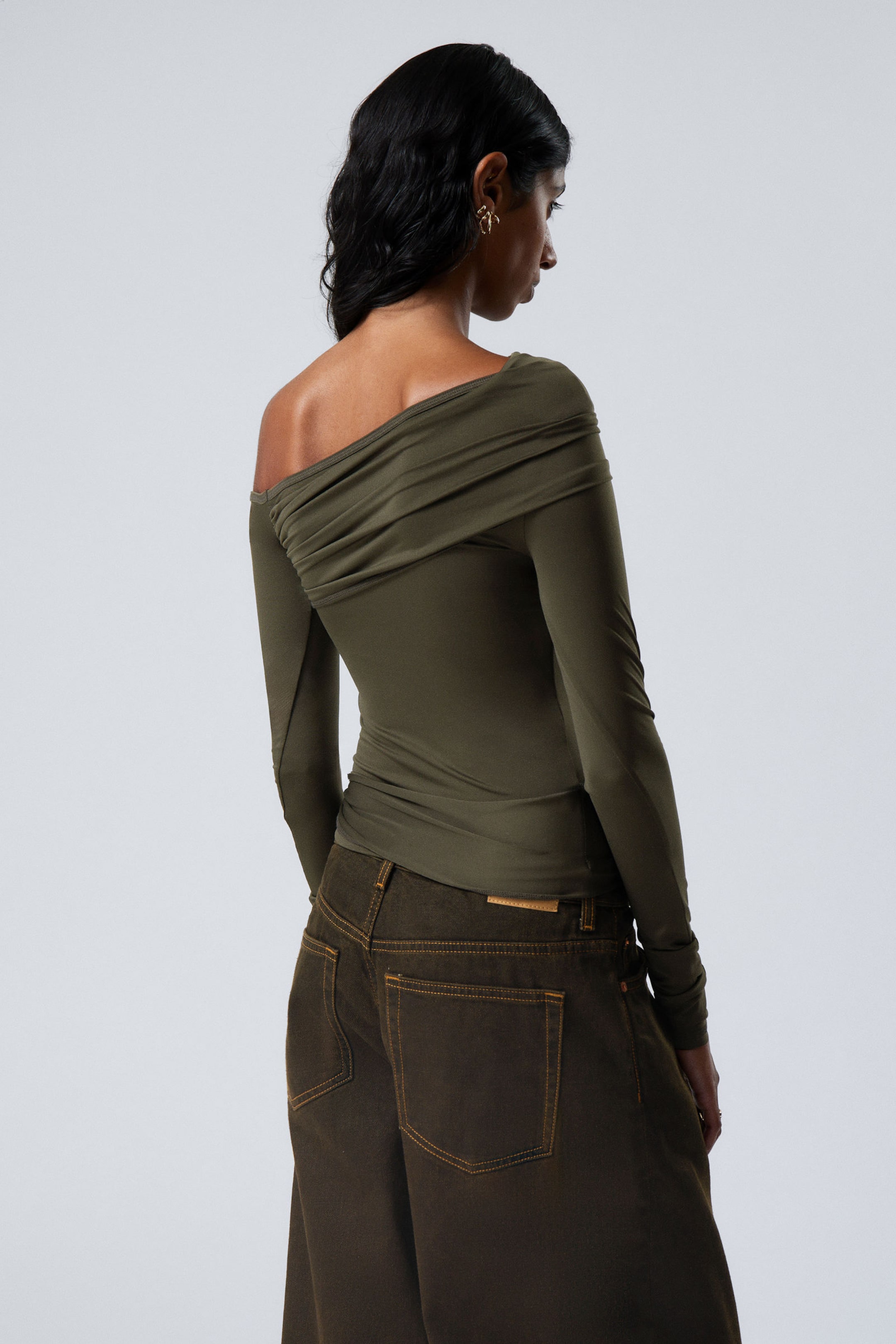 Khaki Green - Off-shoulder Drape Top - 3