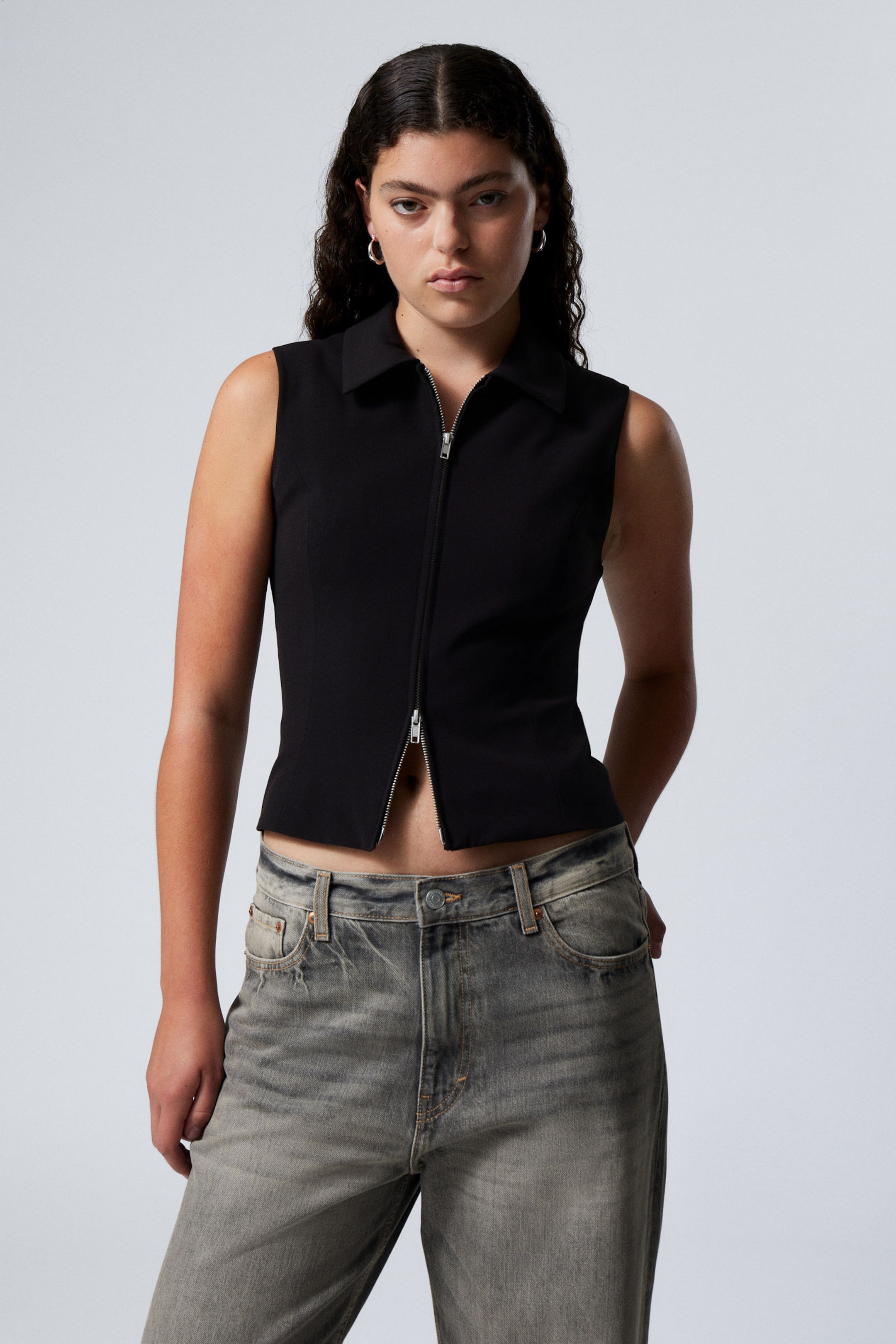 Black - Slim Zip Vest Top - 2