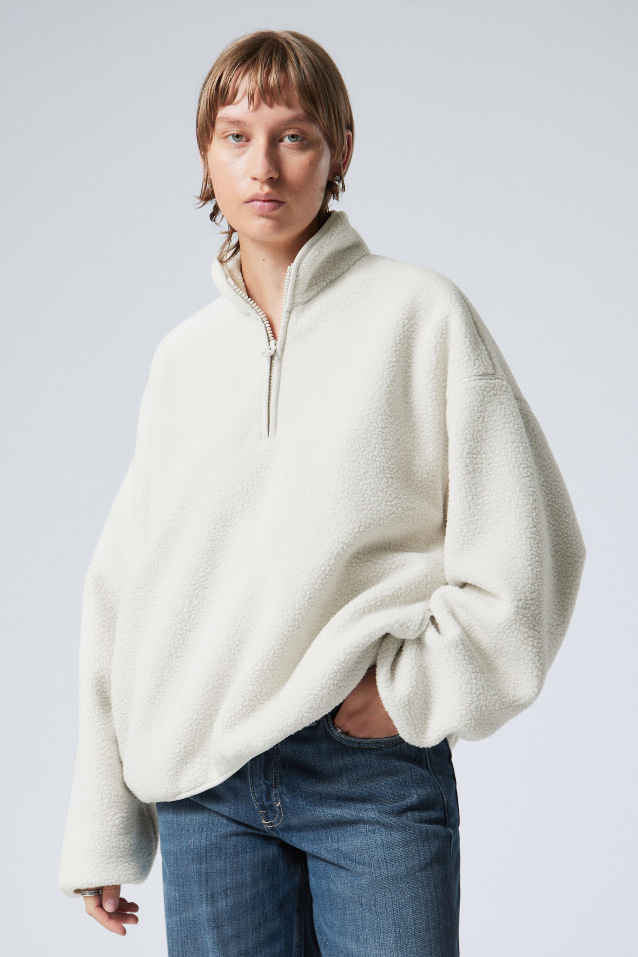 #FFFFFF - Oversized Half-Zip Fleece Sweatshirt - 1