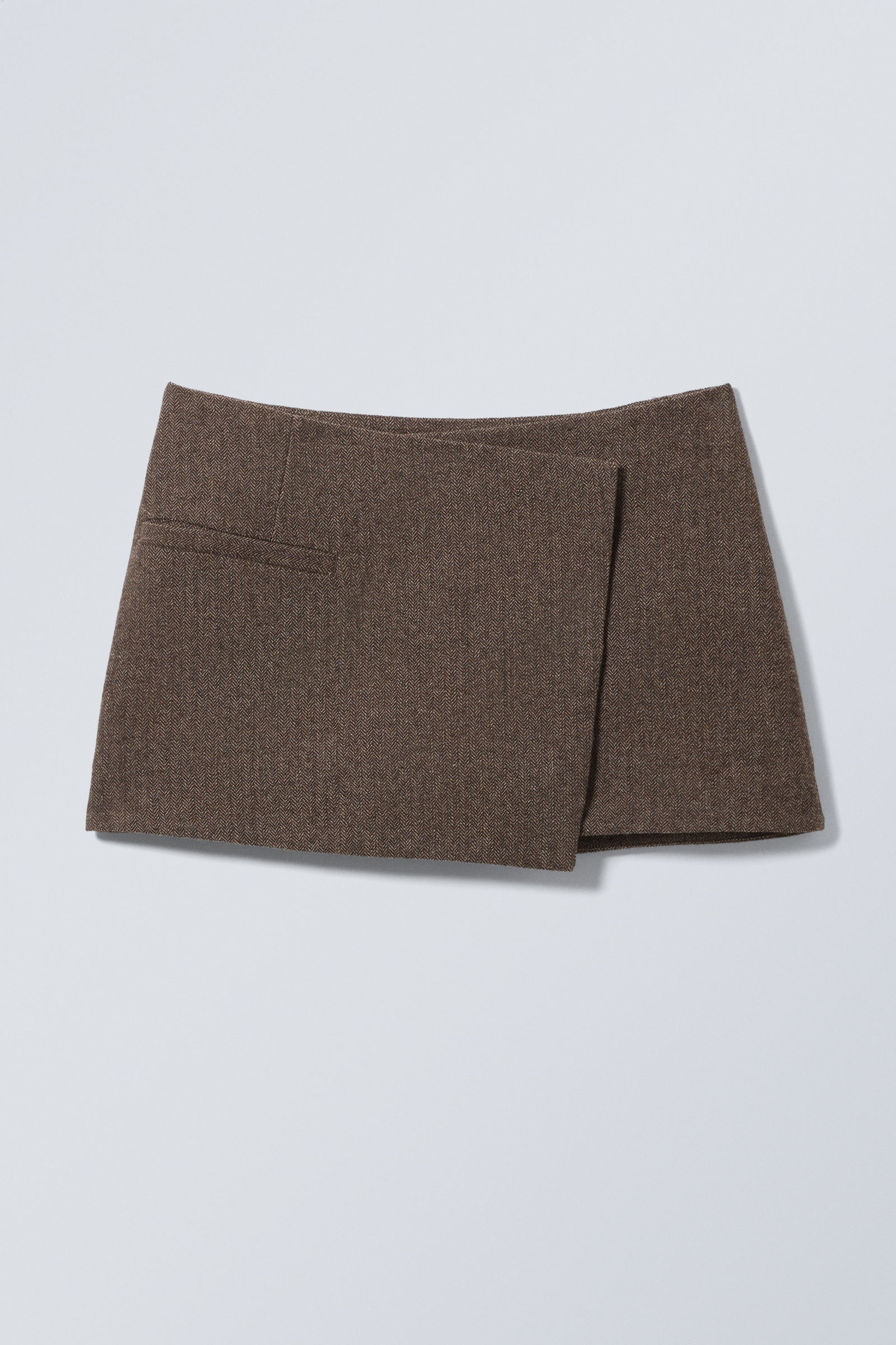 Dark Brown Herringbone - Mini Suiting Wrap Skirt - 1