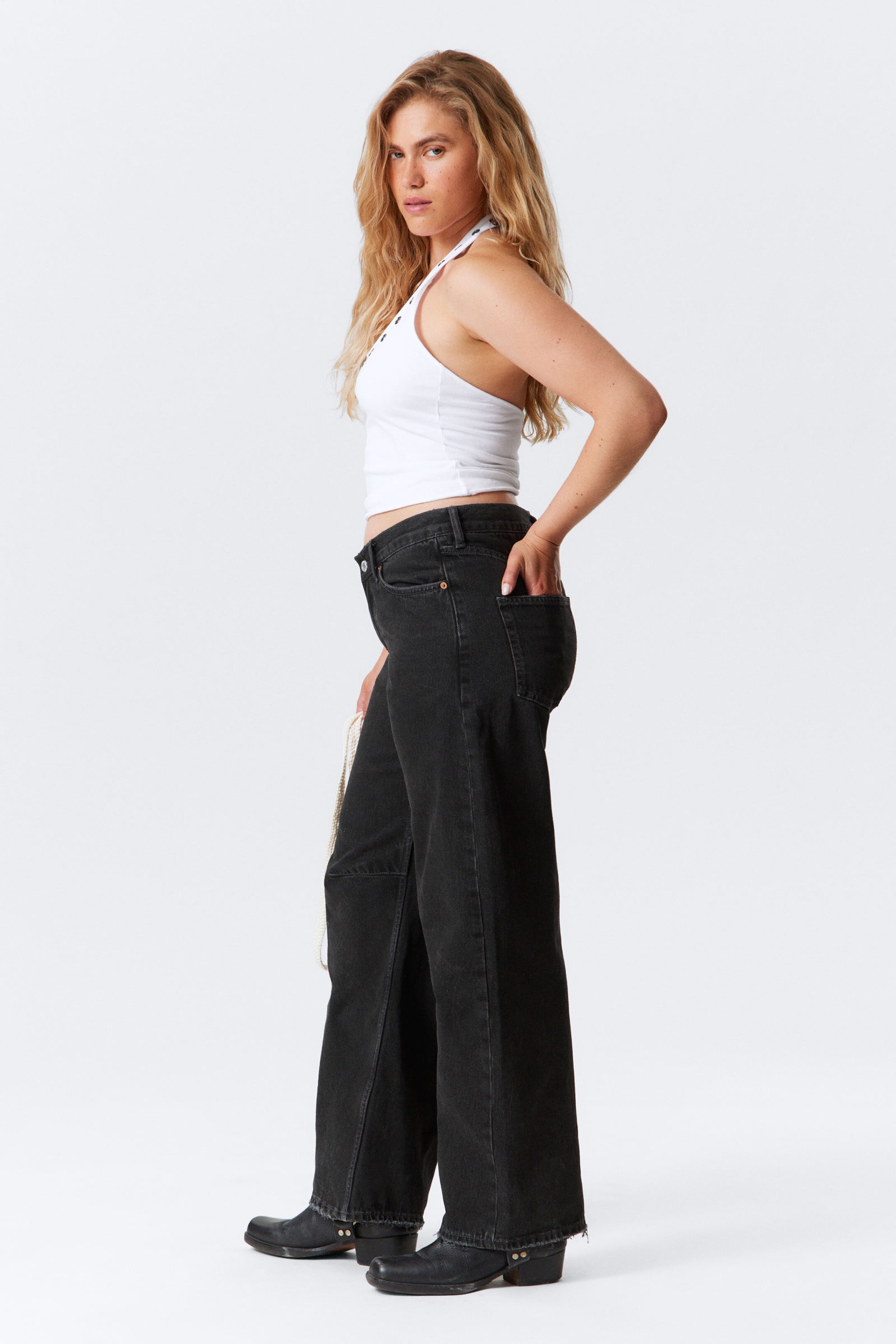 oblique low waist loose barrel leg jeans - Tuned Black