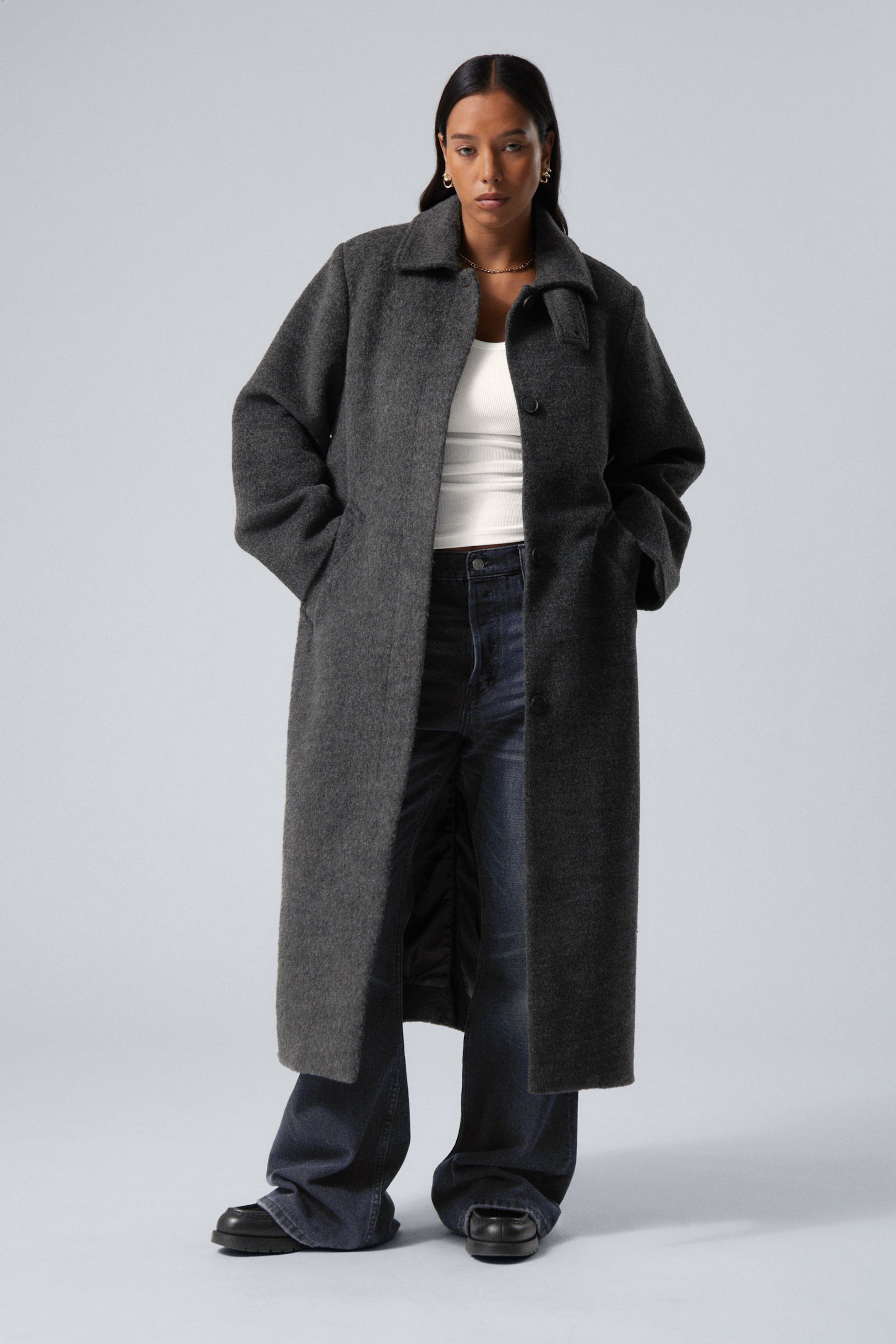 Dark Grey Melange - Long Hairy Oversized Wool-Blend Coat - 0