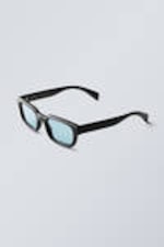 Black - Blue Lenses - Bold Rectangular Frame Unisex Sunglasses - 1