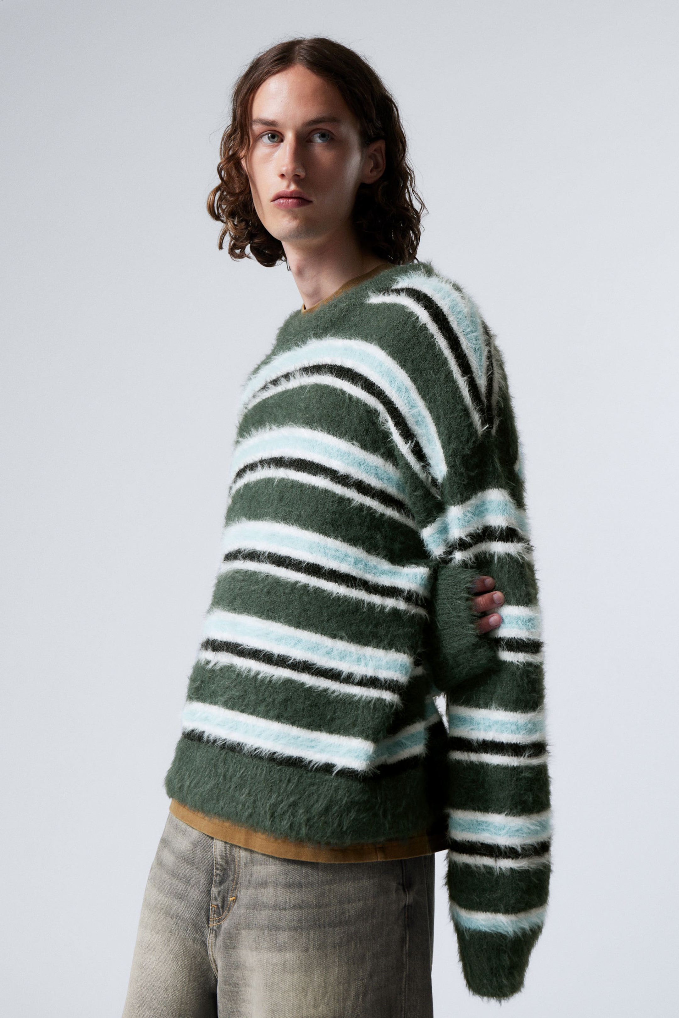 Dark Green Stripe - Relaxed Knitted Striped Hairy Sweater - 1